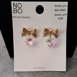 No Boundaries Gold Bow Earrings with Iridescent Heart